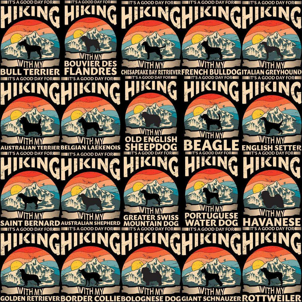 Hiking with various dog breeds against mountain sunset backdrop, print-ready design bundle