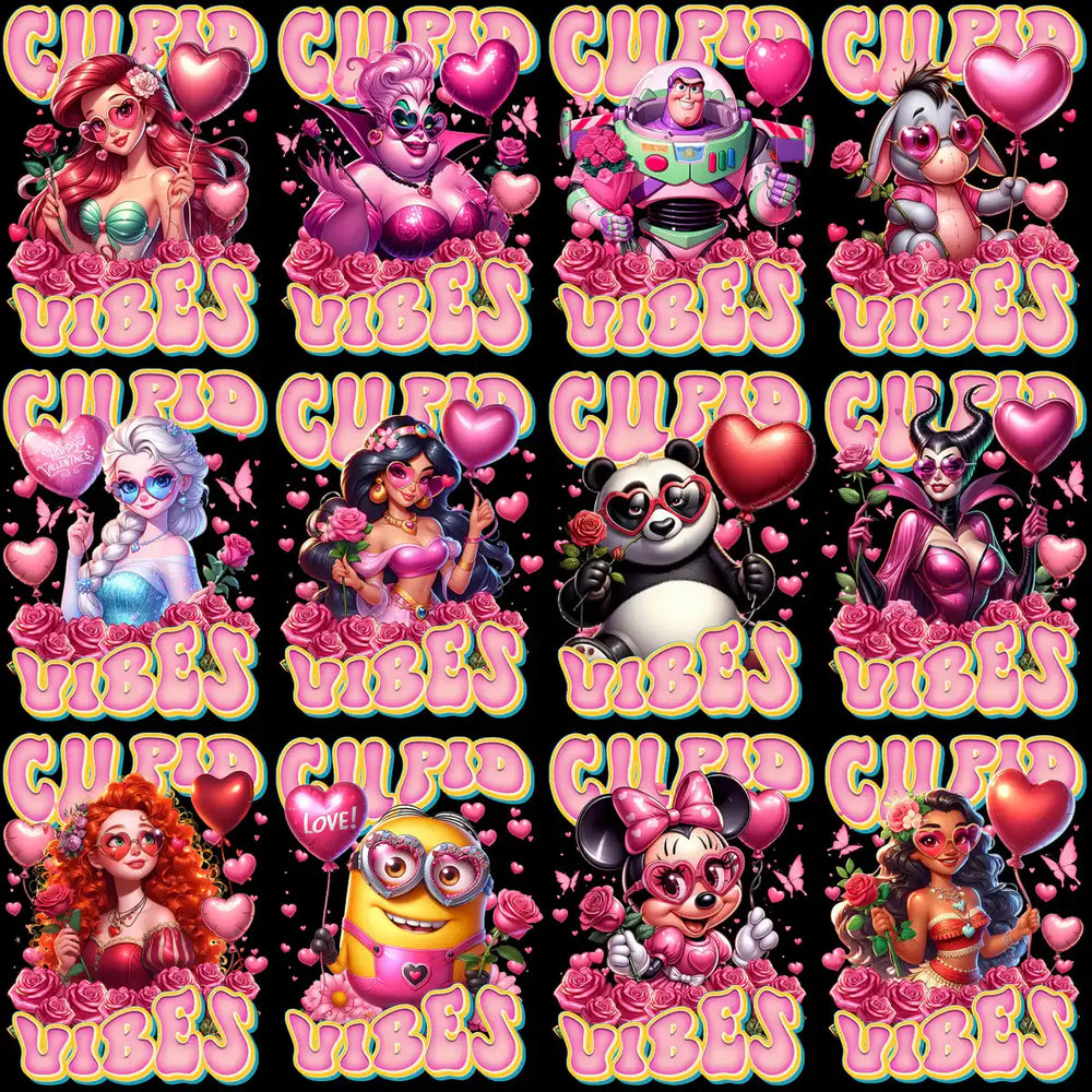 Cupid Vibes Valentine's designs with hearts, roses, and characters for DTF/DTG printing