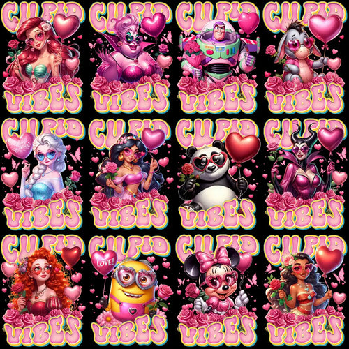 Cupid Vibes Valentine's designs with hearts, roses, and characters for DTF/DTG printing