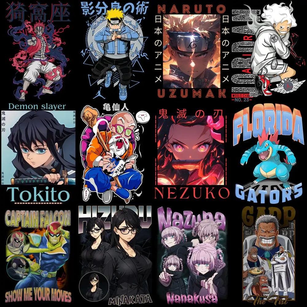 Anime t-shirt designs featuring Naruto, Demon Slayer, One Piece, and Florida Gators. Print-ready PNG/SVG bundles.