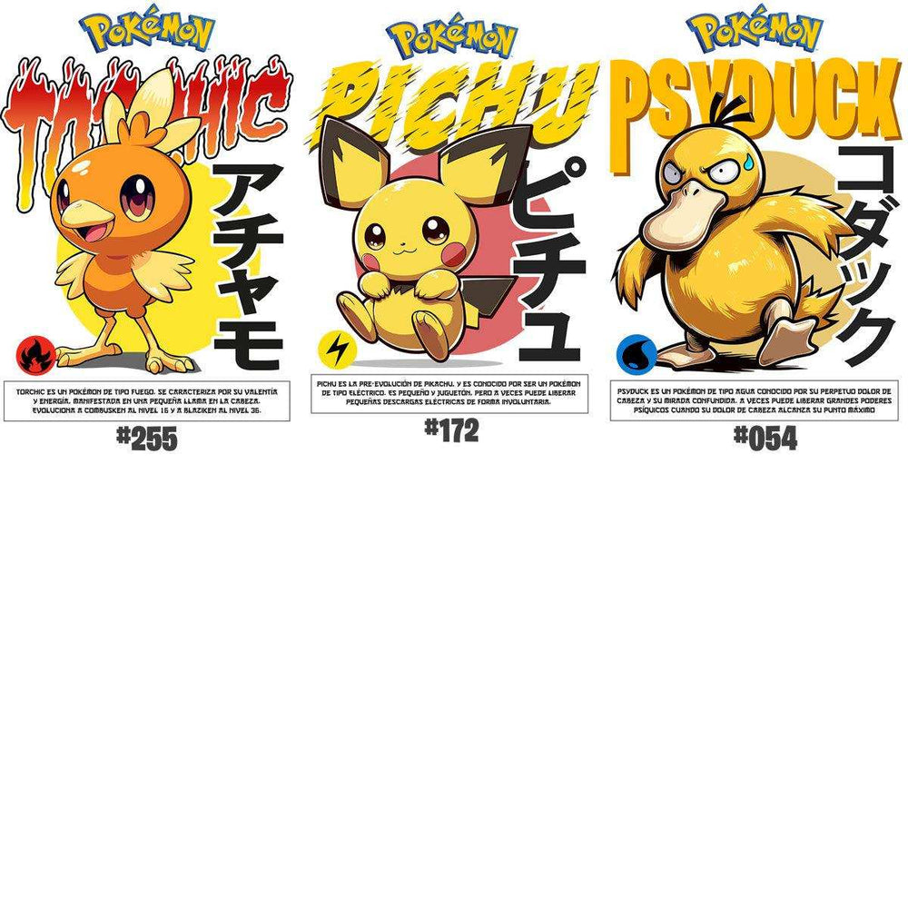 Torchic, Pichu, Psyduck Pokémon designs for DTF/DTG printing, embroidery, and tumbler wraps