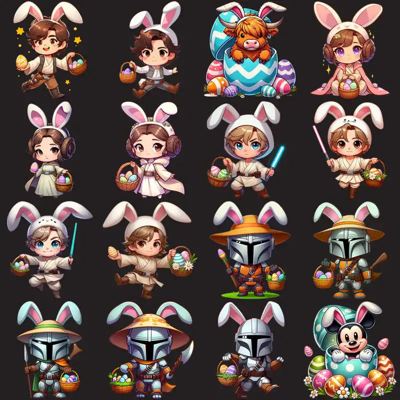 Easter-themed Star Wars characters with bunny ears, holding eggs and baskets, perfect for DTF/DTG designs.