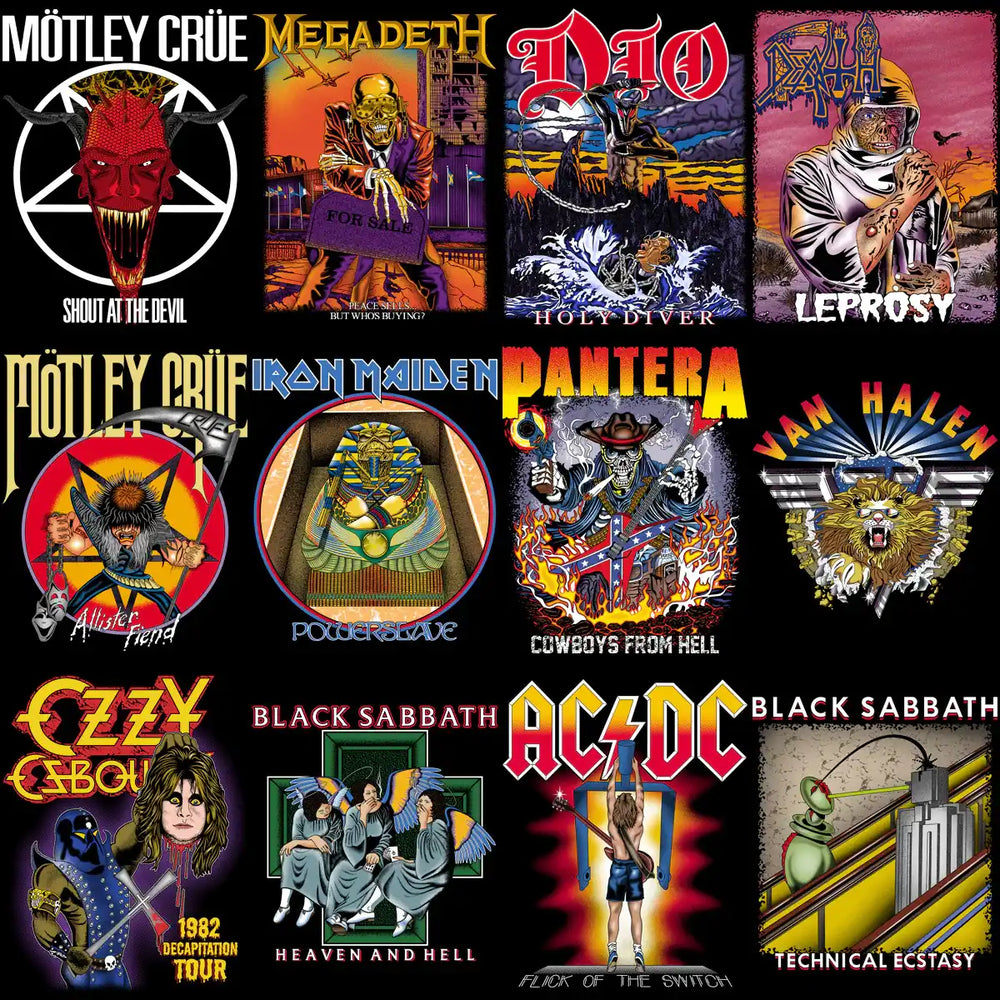 Rock band album art designs for DTF, DTG, embroidery & tumbler wraps – print-ready PNG, SVG, PES files