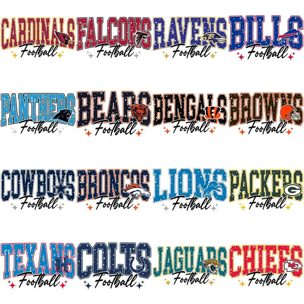 NFL team logos with football text, colorful designs for DTF/DTG and embroidery