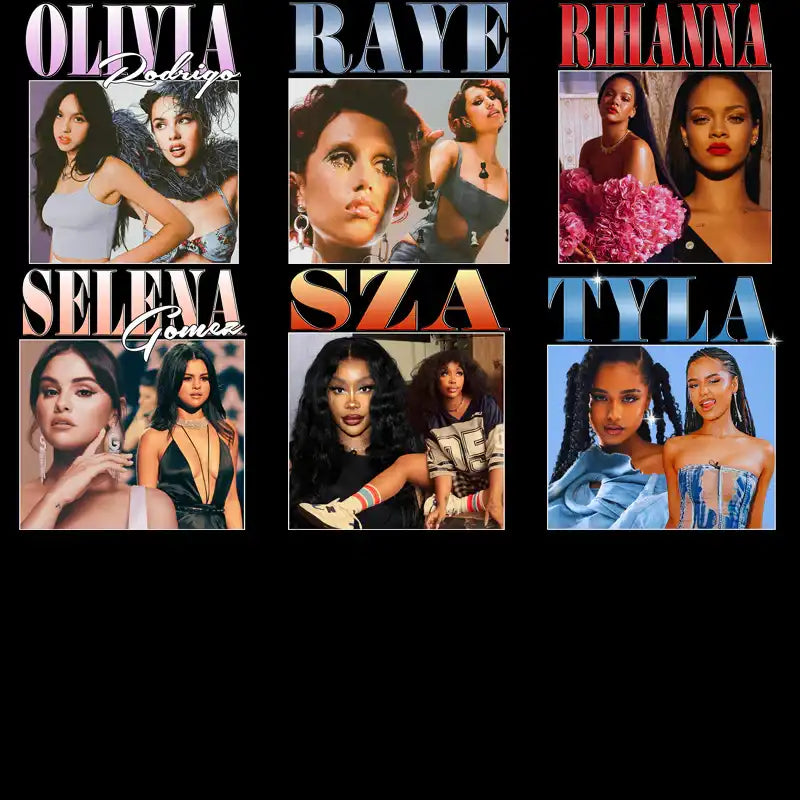 Female pop artist portraits: Olivia Rodrigo, Raye, Rihanna, Selena Gomez, SZA, Tyla — ideal for DTF, DTG, embroidery designs