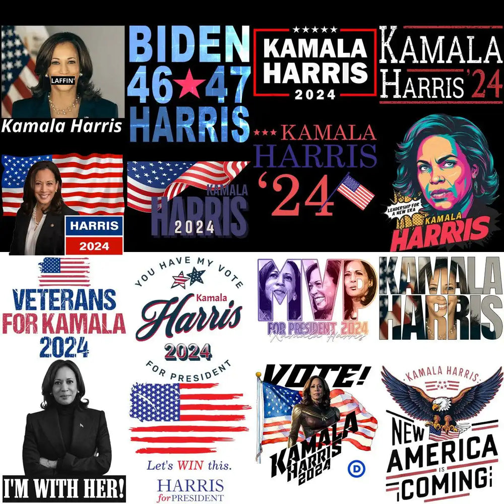 Kamala Harris 2024 campaign designs with American flags, slogans, and patriotic graphics for print-on-demand.