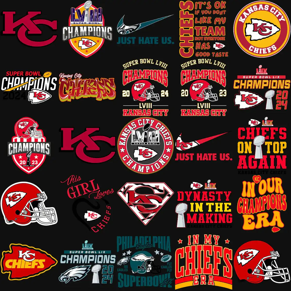 Kansas City Chiefs Super Bowl champion designs, logos, and fan graphics for DTF, DTG, embroidery, and tumblers.