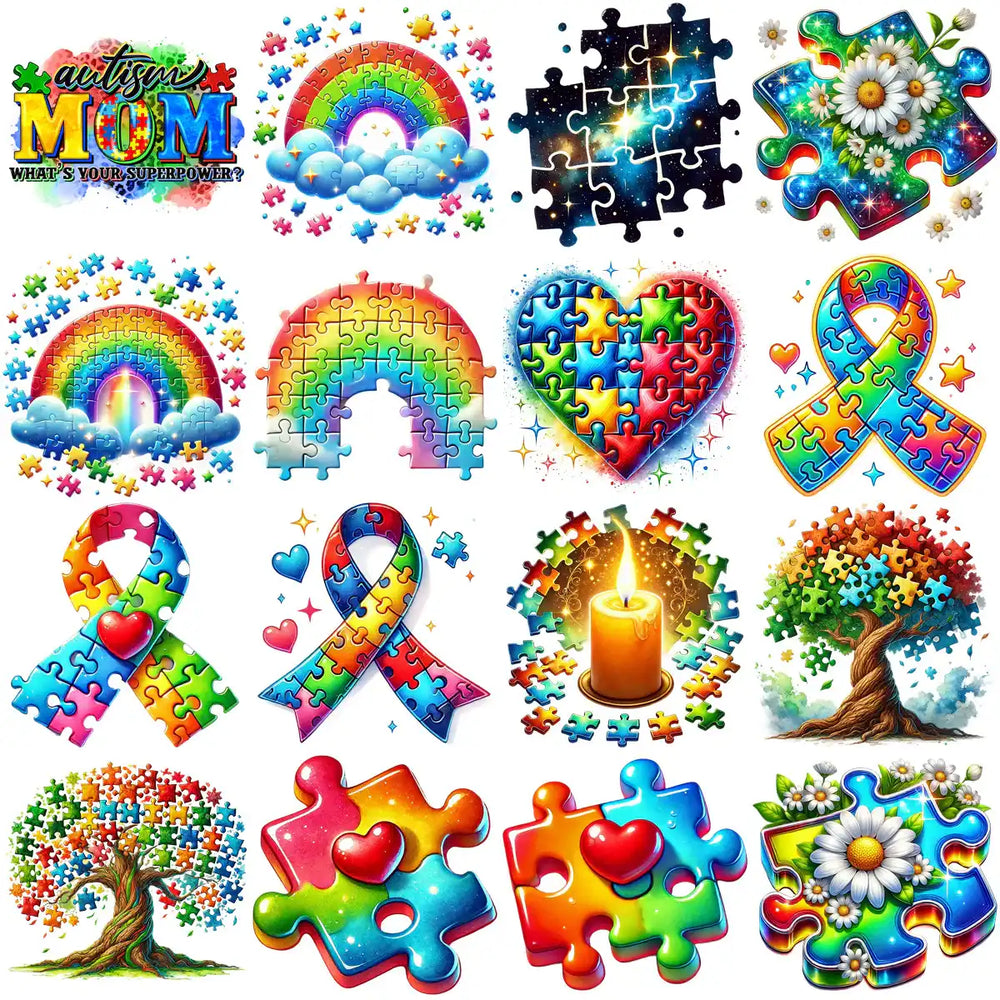 Autism awareness designs with puzzle pieces, rainbows, hearts, and ribbons for DTF/DTG and embroidery