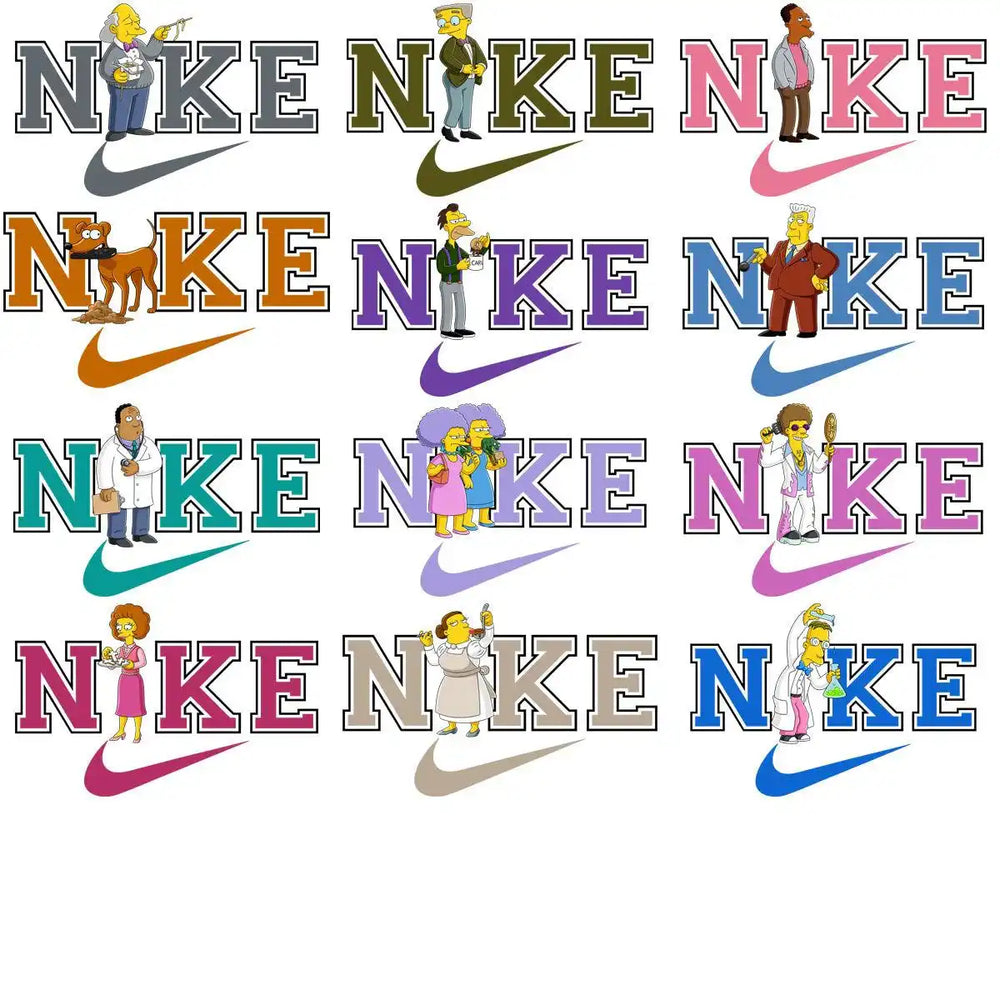 Simpsons characters with custom Nike-style NKE logos in multiple colors for DTG, DTF, embroidery