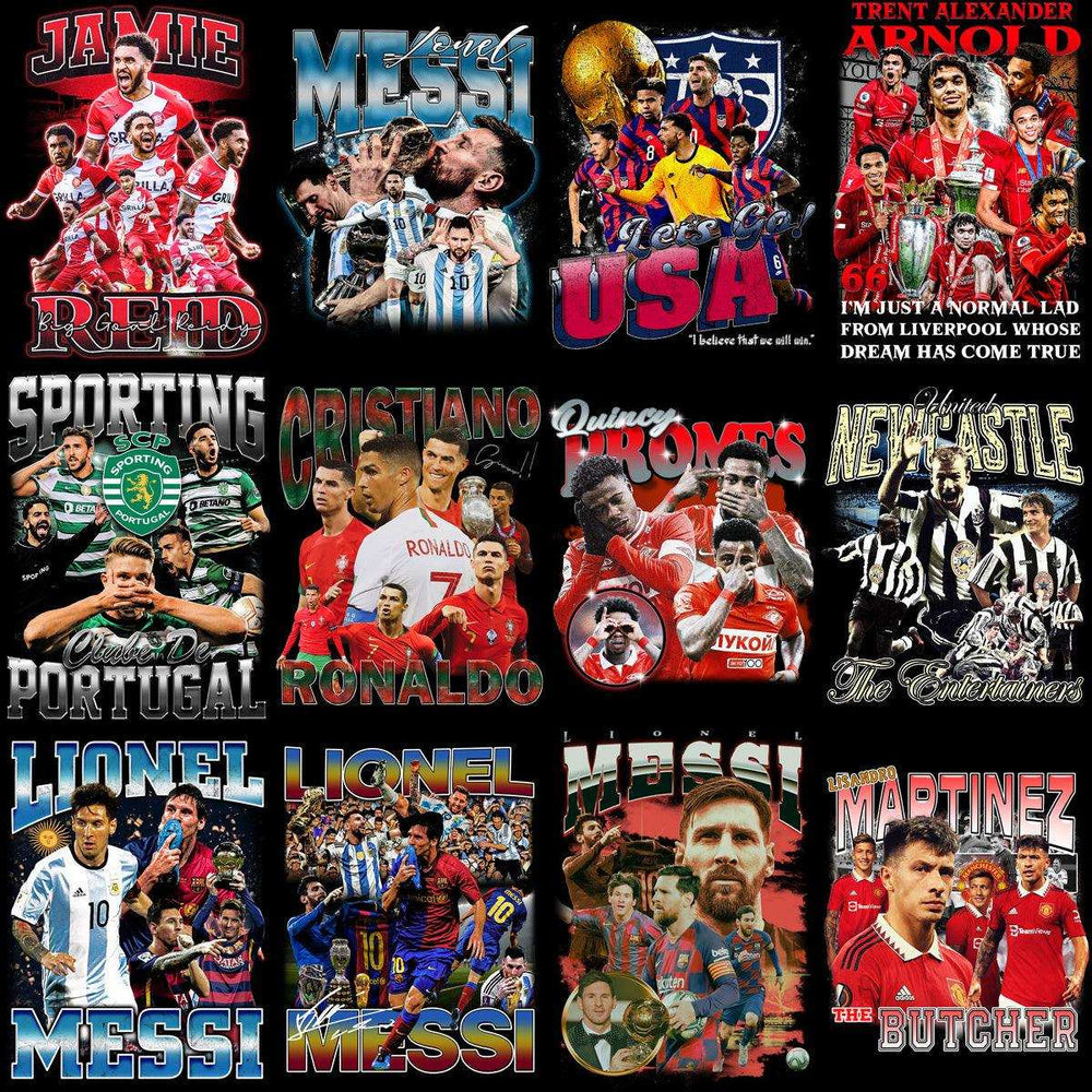 Soccer player designs for DTF DTG printing, featuring Messi, Ronaldo, and team graphics. Print-ready PNG SVG bundles.