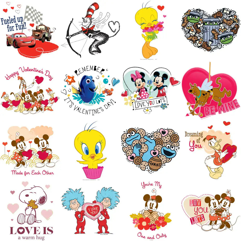 Valentine's Day designs featuring Disney, Looney Tunes, and more for DTF/DTG printing