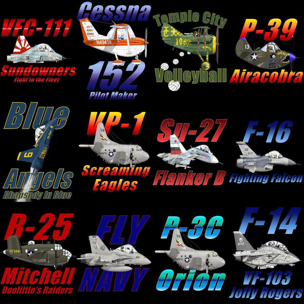 Military & civilian aircraft designs including F-16, P-39, Blue Angels, and Cessna for DTF, DTG, embroidery, SVG print-ready files