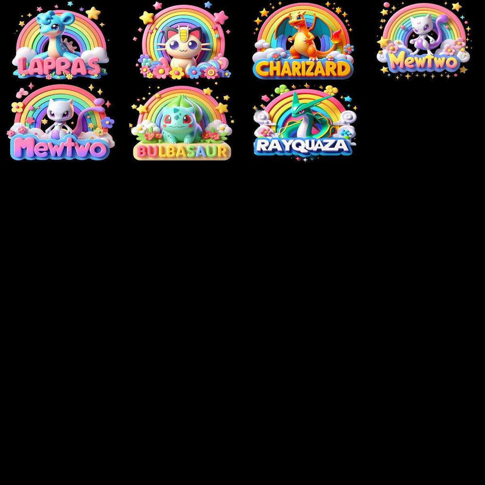 Cute Pokémon designs with rainbows: Lapras, Charizard, Mewtwo, Bulbasaur, Rayquaza for DTF/DTG printing