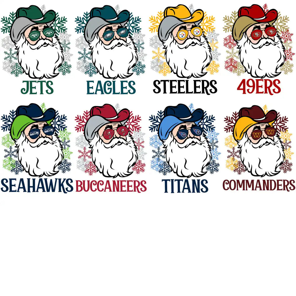 NFL team Santa designs with snowflakes for DTF/DTG and embroidery, print-ready PNG/SVG