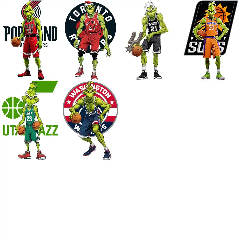 Grinch in NBA team jerseys: Blazers, Raptors, Spurs, Suns, Jazz, Wizards — print-ready PNG designs