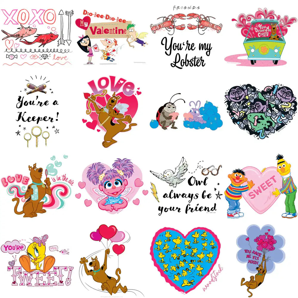 Valentine's Day designs with Scooby-Doo, hearts, and love quotes for DTF/DTG and embroidery