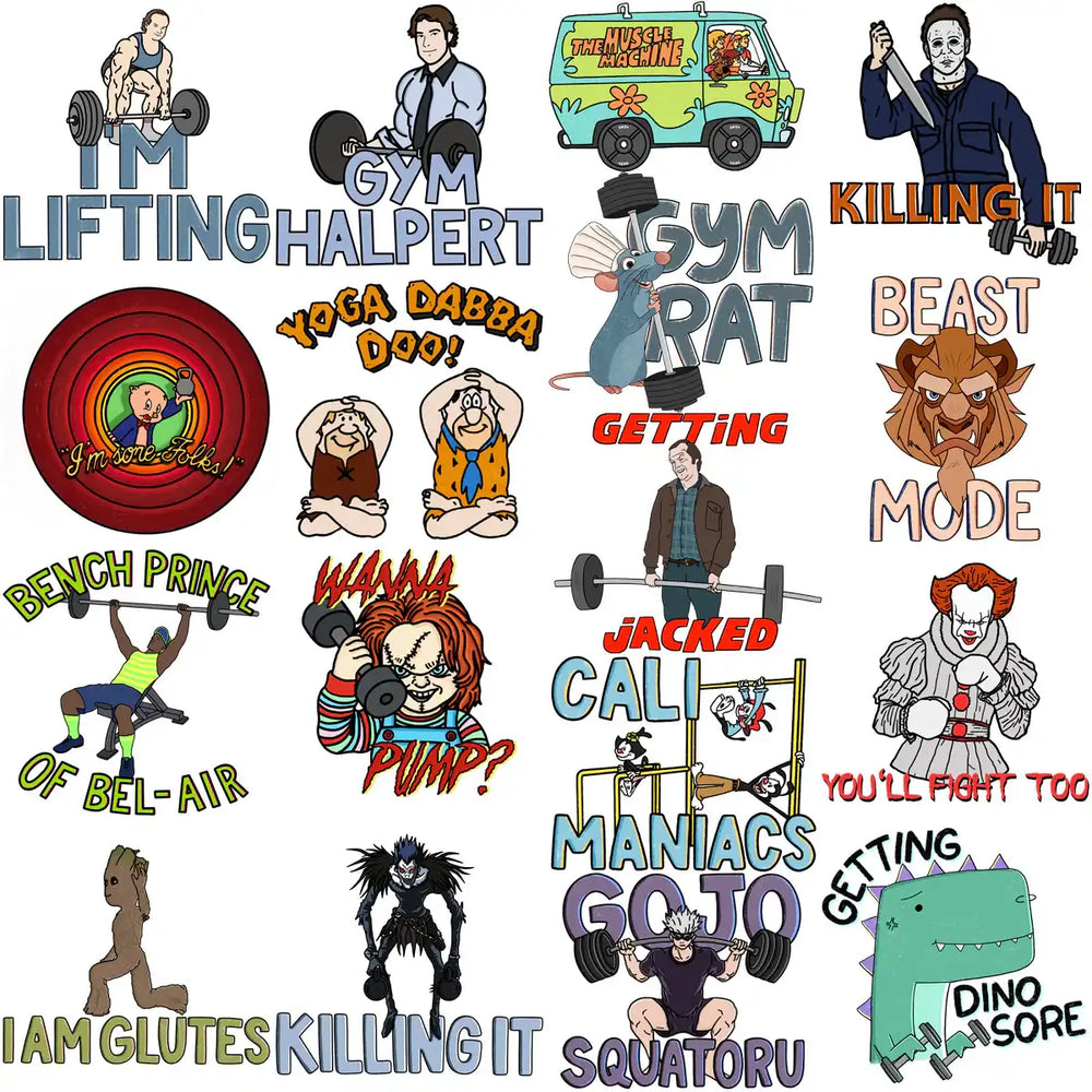Funny gym & pop culture fitness designs for DTF, DTG, embroidery — print-ready PNG, SVG, PES