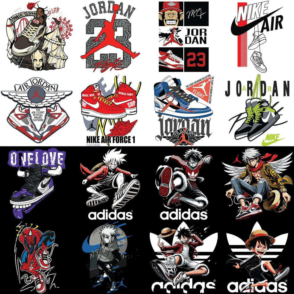 Jordan, Nike, and Adidas sneaker designs with anime and superhero graphics for DTF/DTG printing