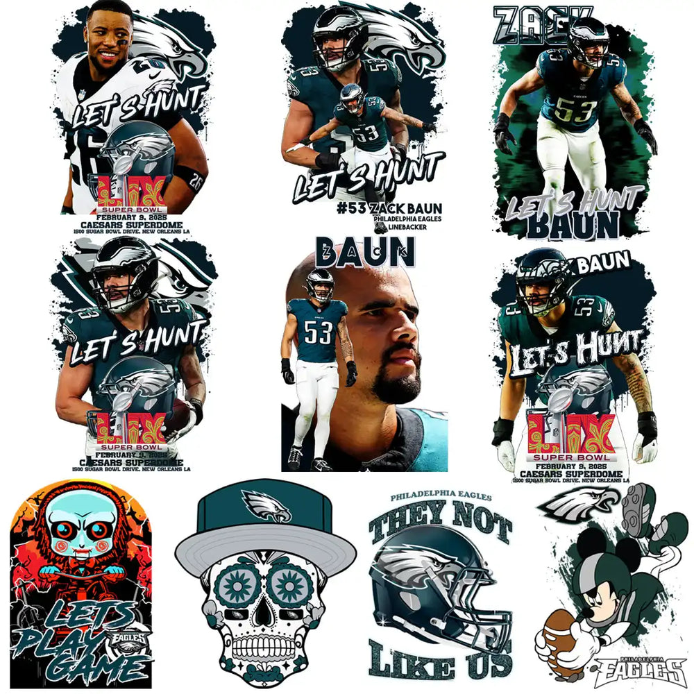Philadelphia Eagles football designs with 'Let's Hunt' themes, Super Bowl LIX, and skull art for DTG/DTF printing.