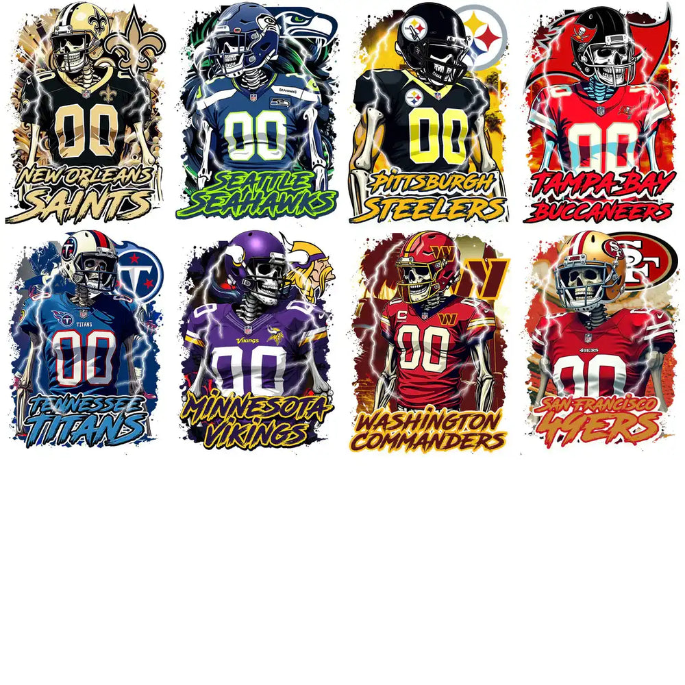 NFL team skeleton designs for DTF/DTG, embroidery, tumbler wraps, print-ready PNG, PES, SVG