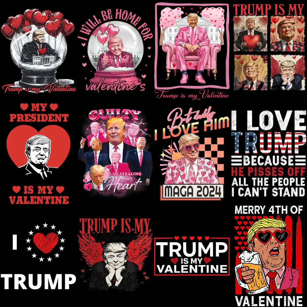Trump Valentine's Day designs with hearts, snow globes, and patriotic themes for print-ready use.