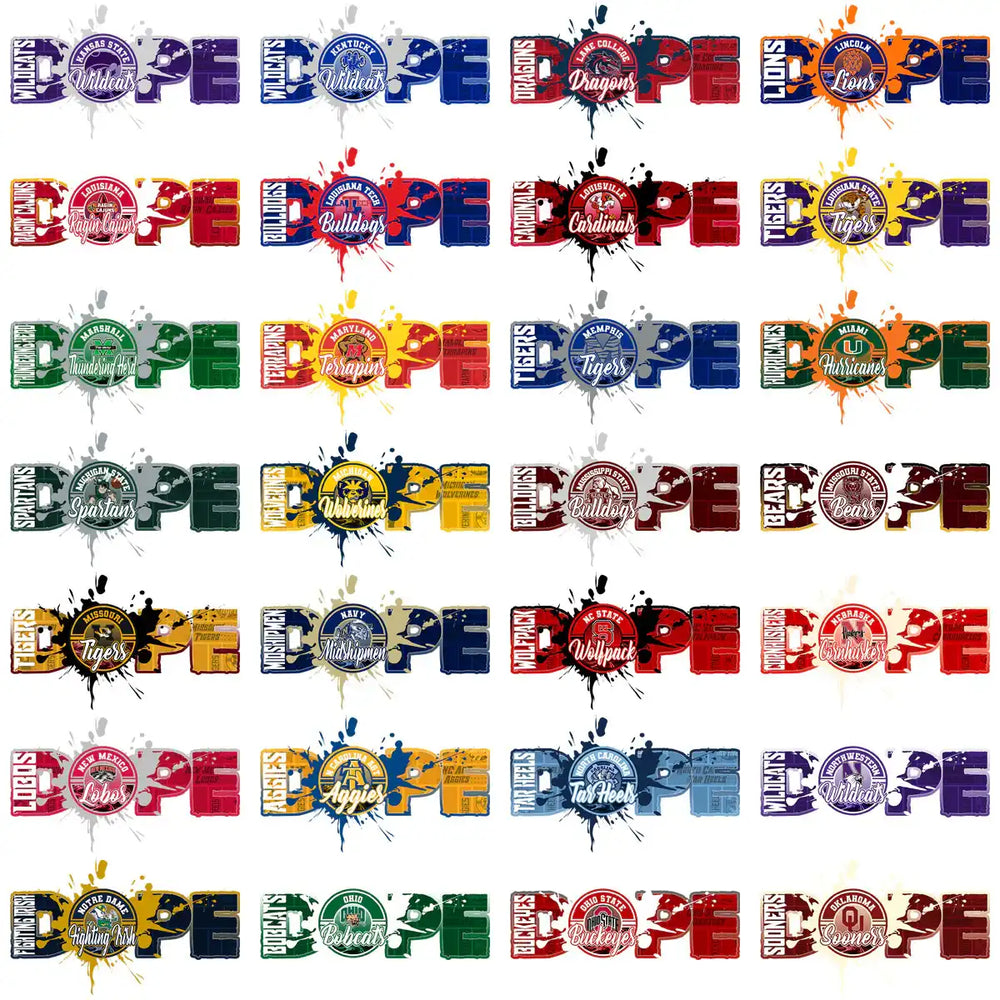 College sports team logos with 'DOPE' text, paint splatter effects, print-ready for DTF DTG embroidery