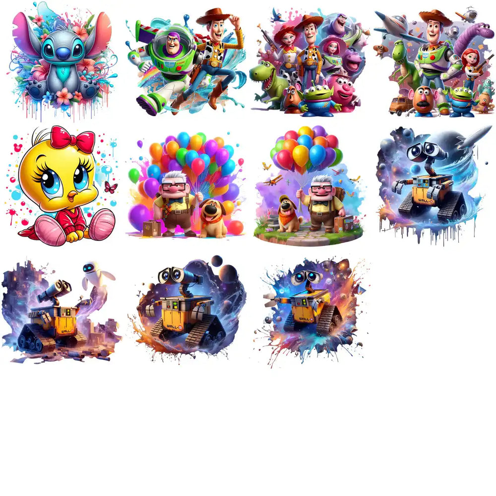Disney Pixar characters like Stitch, Buzz Lightyear, Woody, Tweety Bird, Carl & Dug, WALL·E in vibrant art styles for DTF DTG embroidery designs