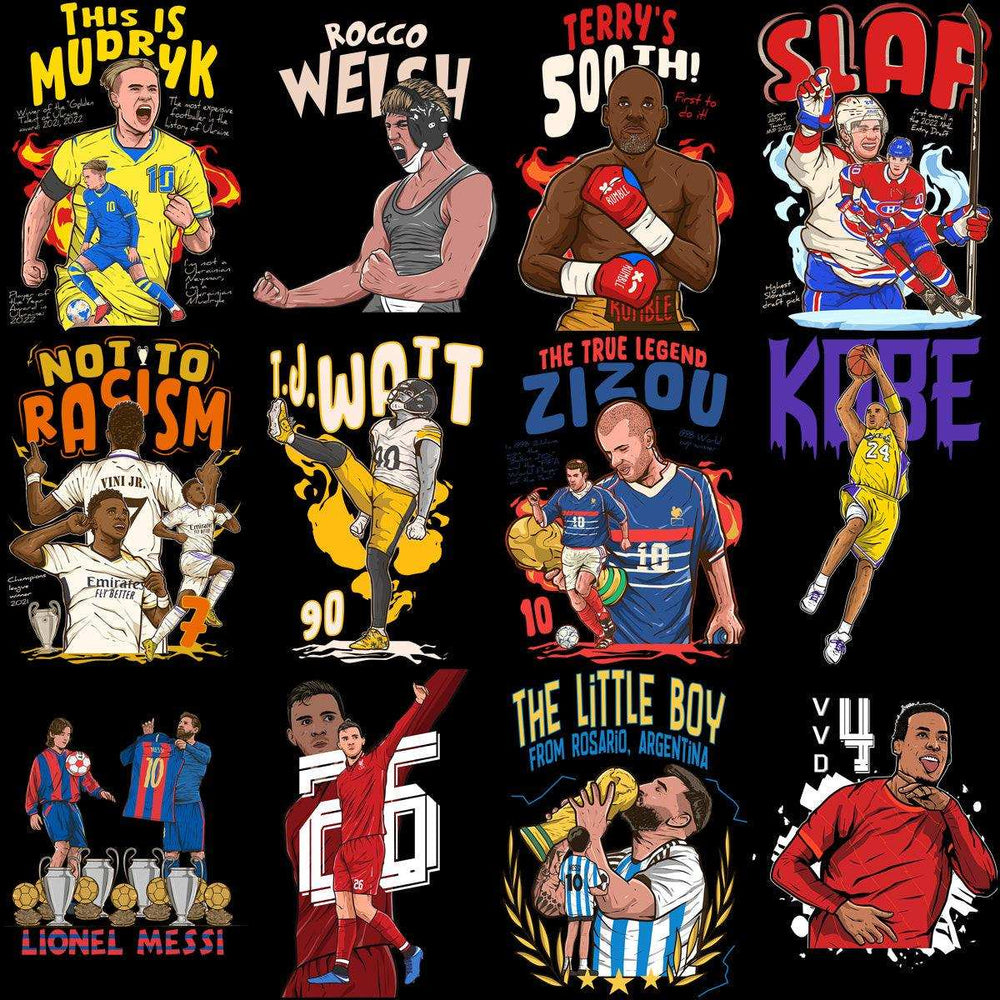 Sports athlete designs for DTF/DTG, embroidery, and tumbler wraps featuring iconic players and bold graphics.