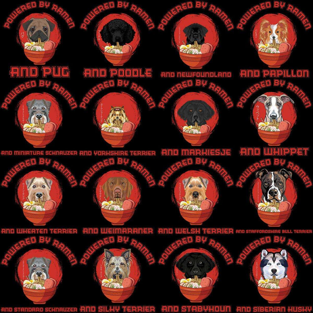 Dog breeds in ramen bowls, 'Powered by Ramen' designs for DTF, DTG, embroidery, SVG, PNG print-ready files
