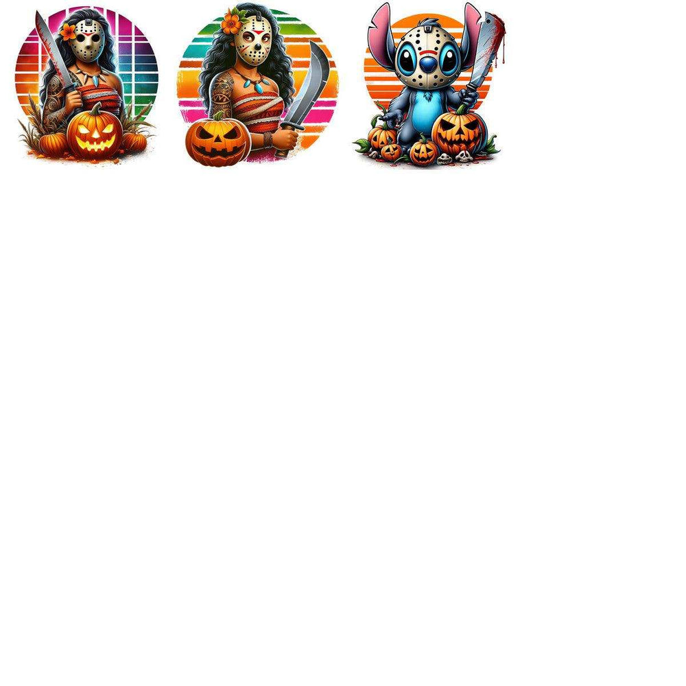 Halloween designs with Jason mask, pumpkins, and Stitch holding a knife for DTF/DTG printing