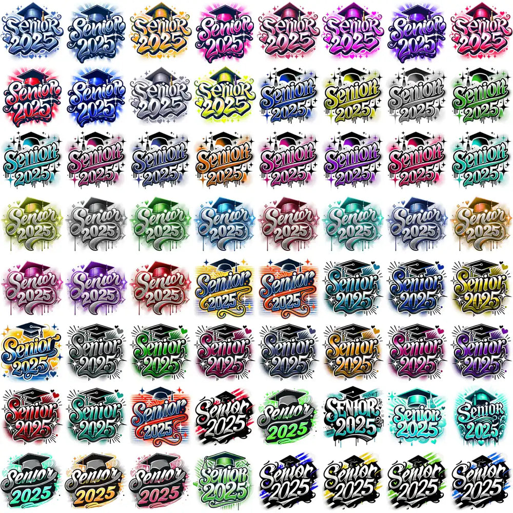 Senior 2025 graduation designs in vibrant colors, perfect for DTF, DTG, and embroidery projects.