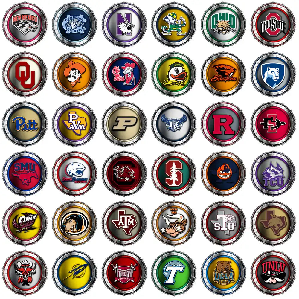 College sports team logos in metallic badge designs for DTF, DTG, embroidery, and tumbler wraps