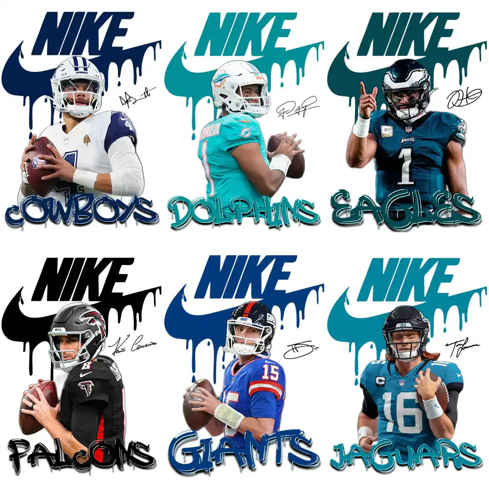 NFL football player designs with Nike logos, team names, and signatures for DTF, DTG, embroidery
