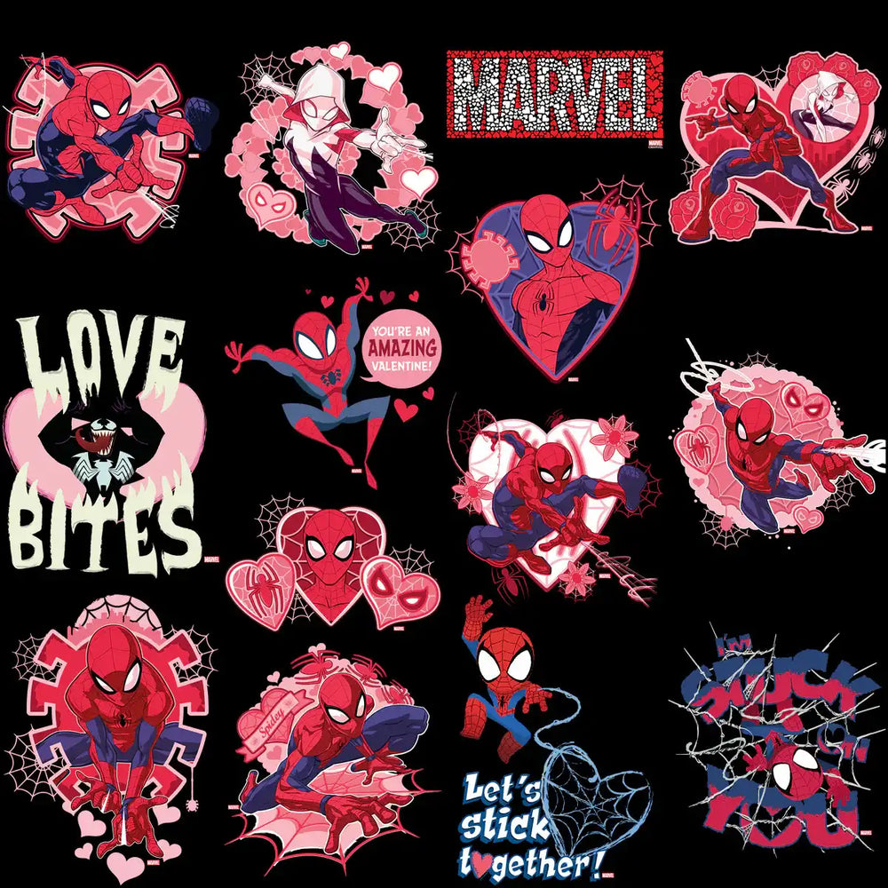 Spider-Man Valentine's Day designs with hearts, web patterns, and romantic themes for print-ready use.