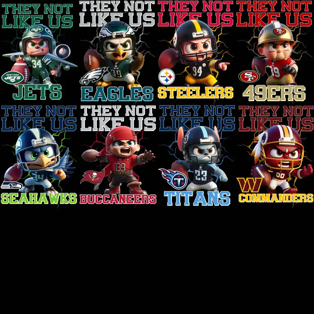 Cute NFL team mascots with 'They Not Like Us' text, perfect for DTF/DTG prints and embroidery designs.