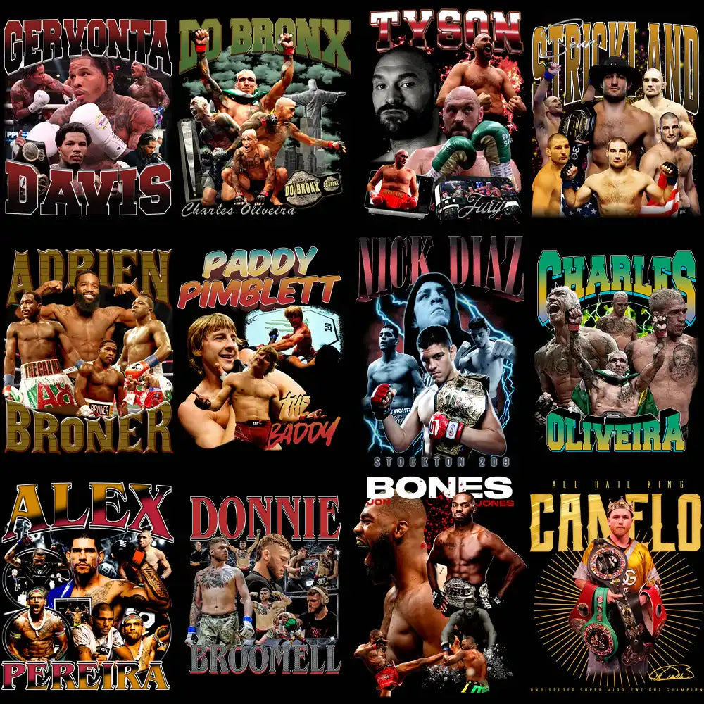 Boxing and MMA fighter designs for DTF/DTG, embroidery, and tumbler wraps with print-ready PNG, SVG, PES