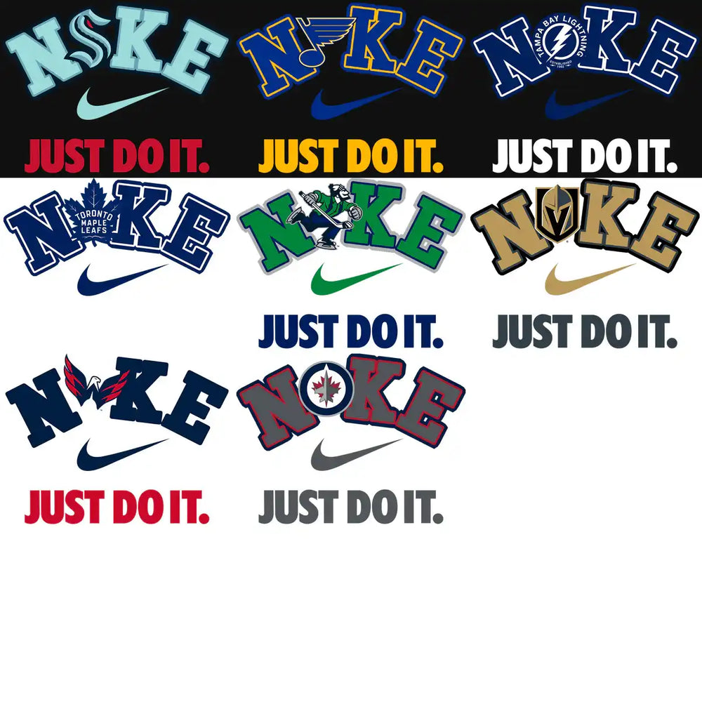 Custom Nike-inspired sports team logos with 'Just Do It' slogan for DTF/DTG and embroidery designs.
