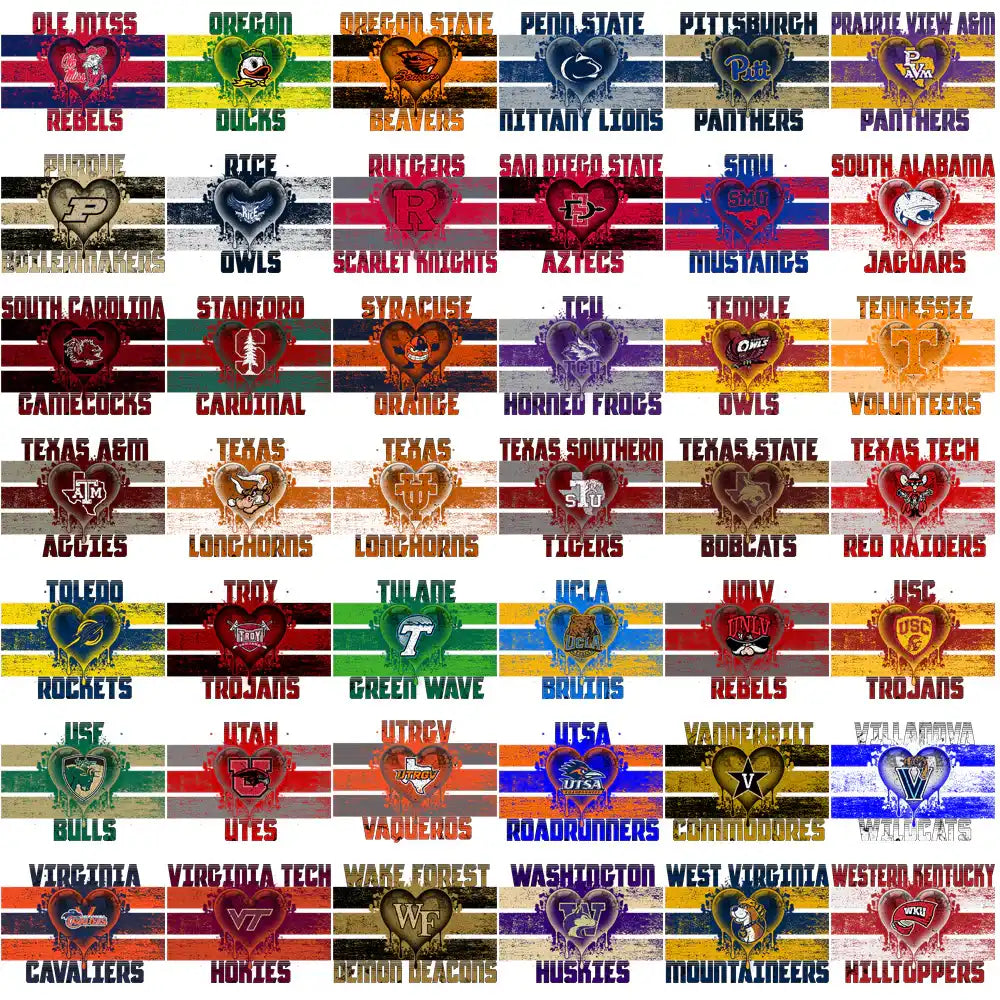 College team logos in heart designs for DTF/DTG and embroidery, print-ready PNG, SVG, PES