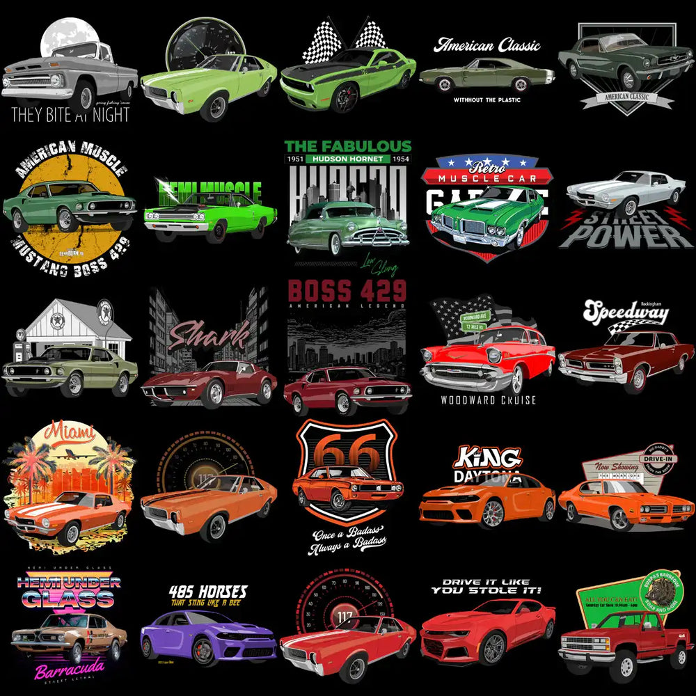 Classic American muscle cars and retro designs for t-shirts, embroidery, and DTG prints