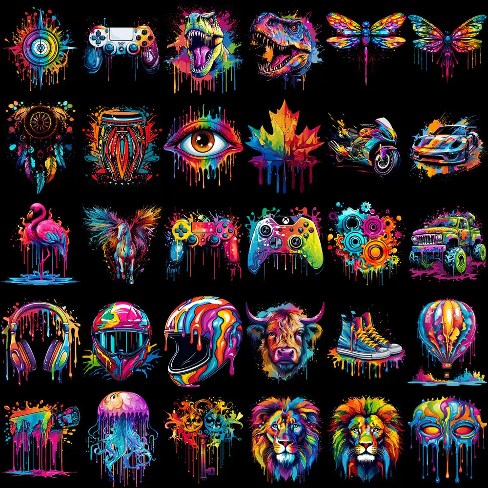 Vibrant DTF/DTG designs with colorful drip art, gaming controllers, animals, and hot air balloons for print-ready use.