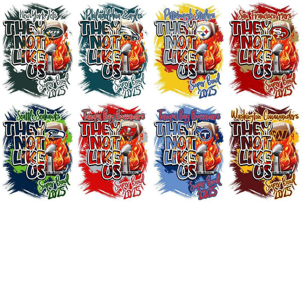 Super Bowl 2015 designs for DTF/DTG with team logos and fiery graphics