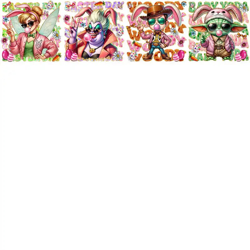 Easter-themed cartoon characters with bunny ears, sunglasses, and festive eggs for DTF/DTG designs