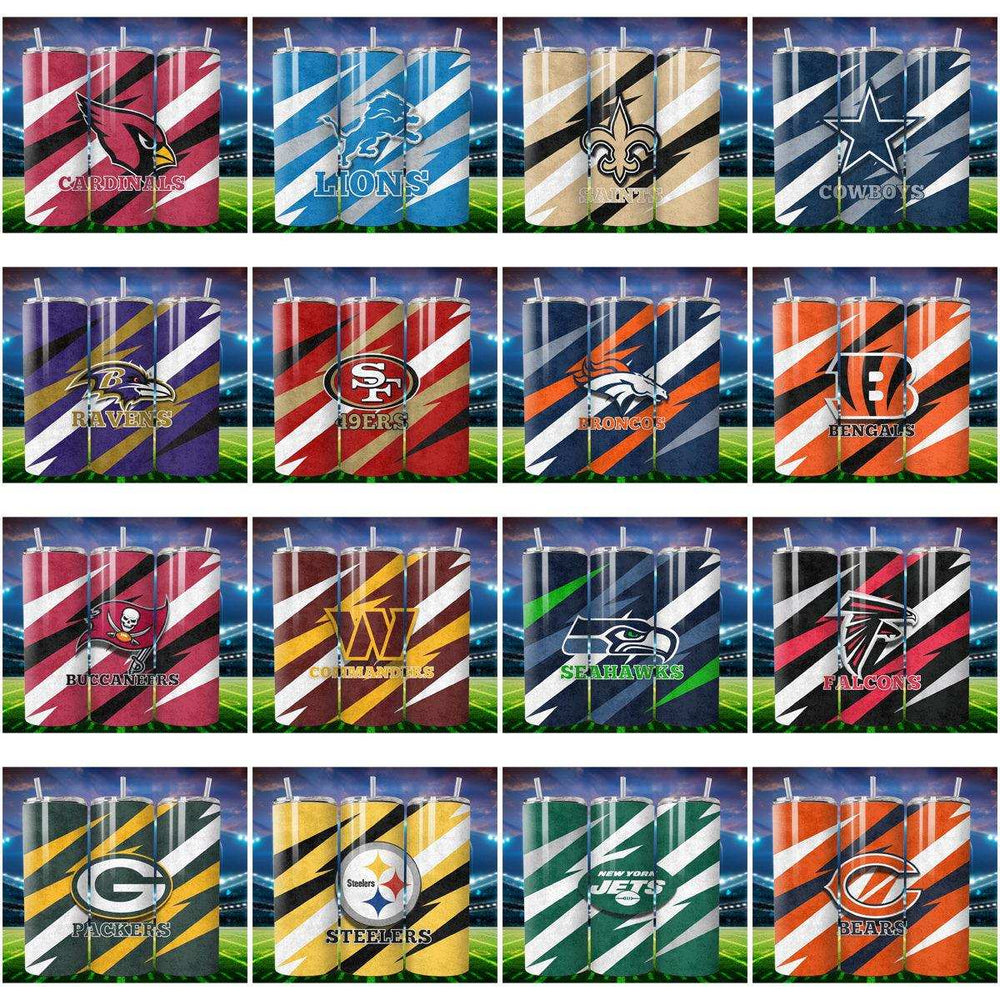 NFL team tumbler wrap designs with diagonal stripes and logos for sublimation printing