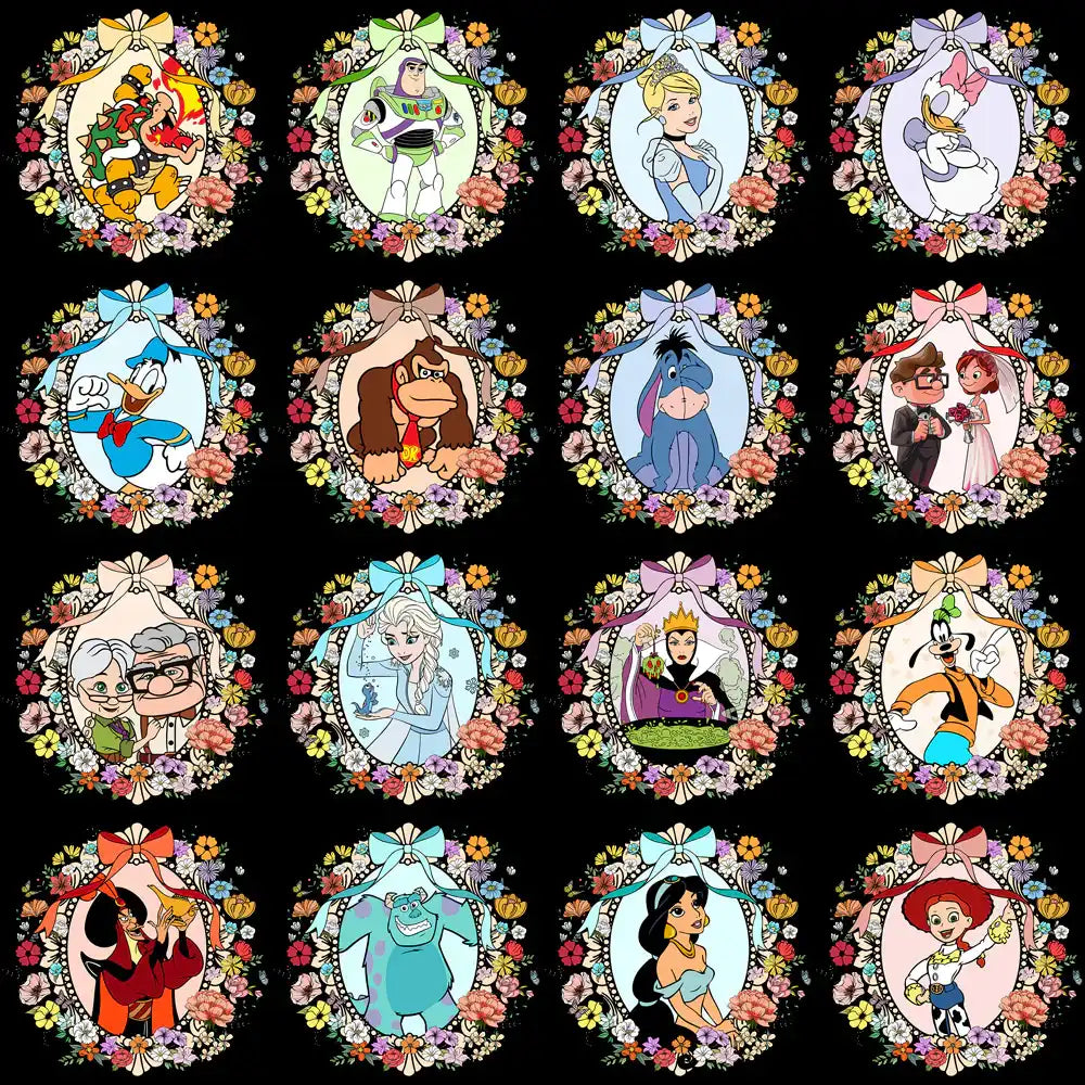 Disney character designs in floral frames for DTF/DTG and embroidery projects