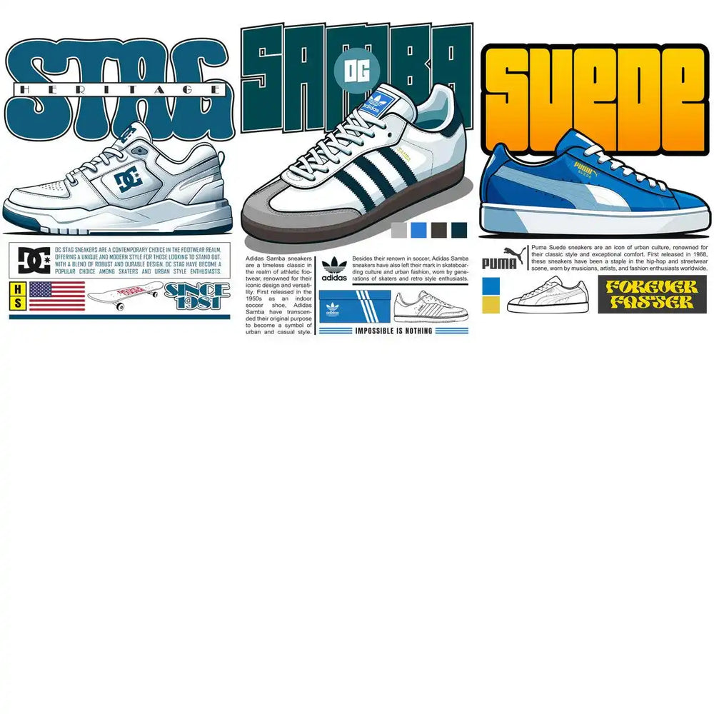 DC Stag, Adidas Samba, and Puma Suede sneaker designs for DTF/DTG and embroidery