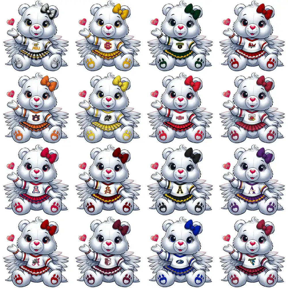 Cute angel bear cheerleader designs in team colors, perfect for DTF, DTG, embroidery, and tumbler wraps