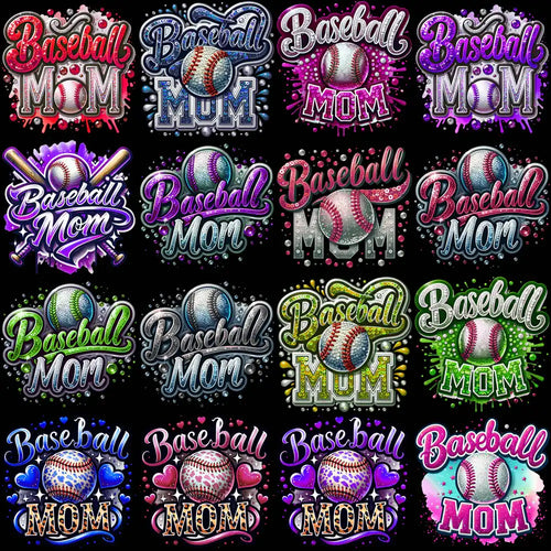 Baseball Mom designs with glitter, hearts, and bats for DTF, DTG, embroidery, and tumbler wraps