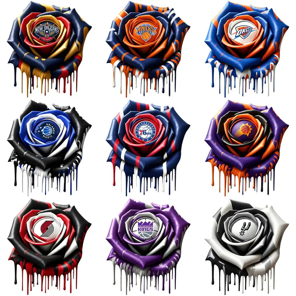 NBA team logo roses with dripping paint effect, perfect for DTF/DTG and embroidery designs.