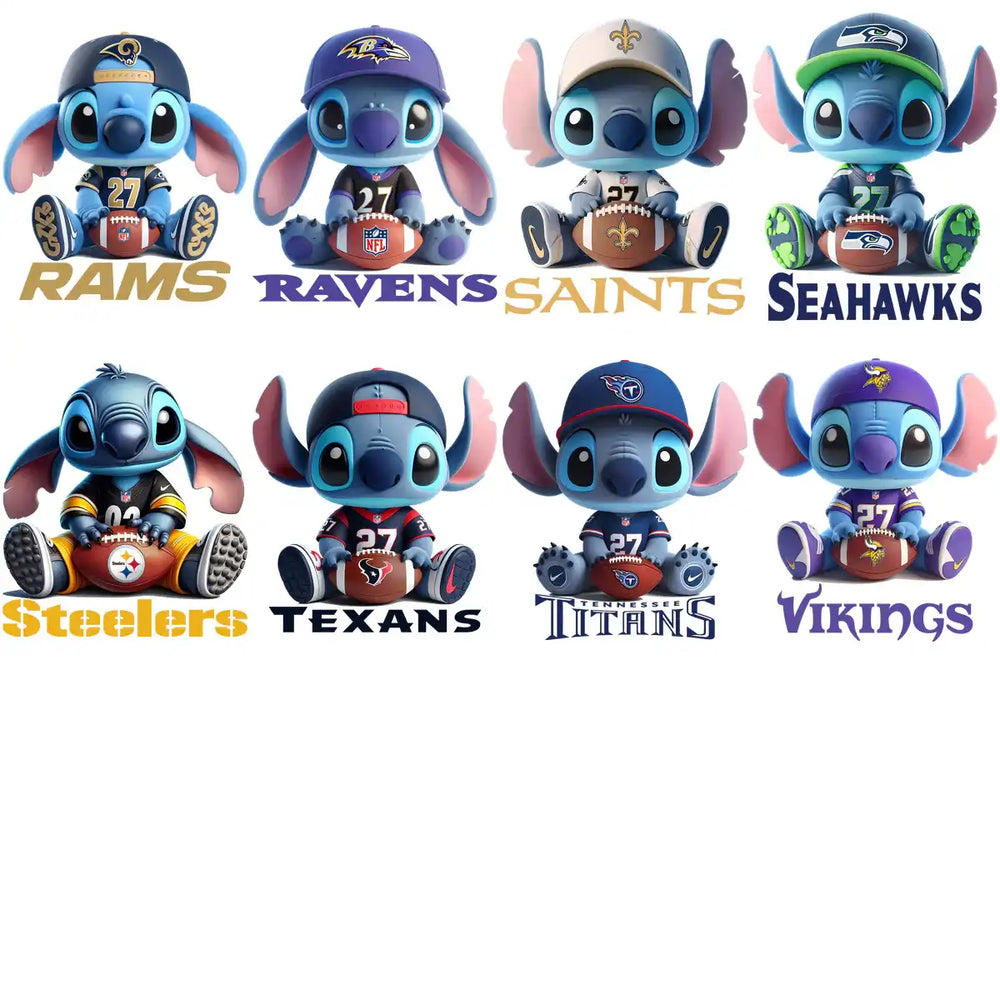 Cute Stitch characters in NFL team jerseys and caps, holding footballs, perfect for DTF/DTG printing designs.