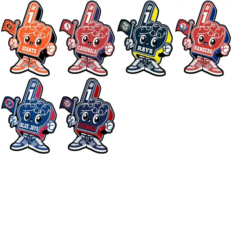 Cute cartoon #1 foam finger mascots for MLB teams like Giants, Cardinals, Rays, Rangers, Blue Jays, Nationals